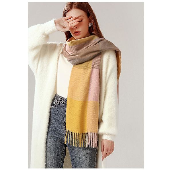 Dam Scarves Vinter Lång Mjuk Varm Tartan Check Wraps Ull Spinning Tassel Sjal Stole Scarf Damer, Gul