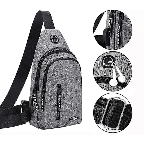 Sling Bag Crossbody Ryggsekk Med Usb-hull Og Hodetelefonhull, Mini Skuldersekk, Brystsekk For Reise, Fotturer (Grå)