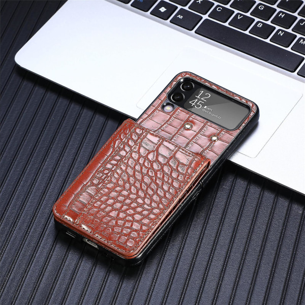 Krokodilmönster case, kompatibelt med Samsung Galaxy Z Flip 4, Pu läder case med kortplats brun