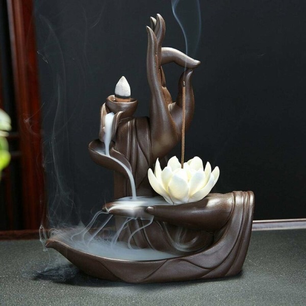 Zen Lotus Backflow suitsukepoltin, jossa 20 kpl Backflow suitsukekartioita, keraaminen Backflow suitsukekartion pidike