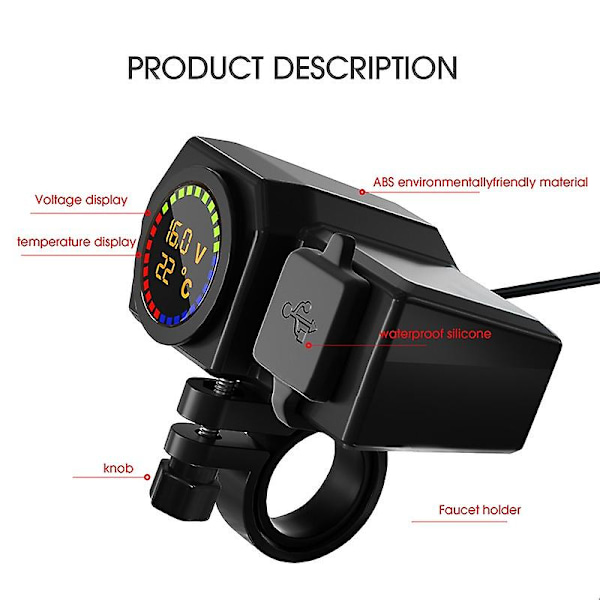 Motorsykkel Lader Moto Styre Lader 3.4a Dual Usb Lader Adapter Med Temperatur Og Spenning Display For 12v-24v Motorsykkel