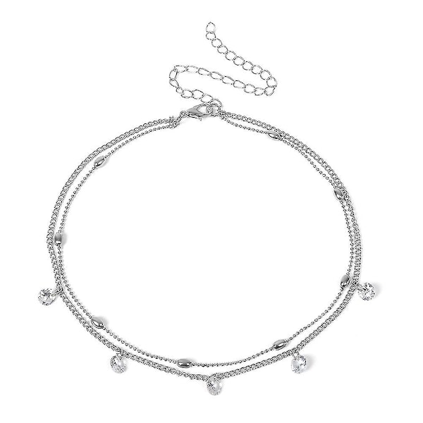 Dubbelskiktat halsband choker kedja smycken dekoration gåvor mode för kvinnor dam flicka bröllop (silver)