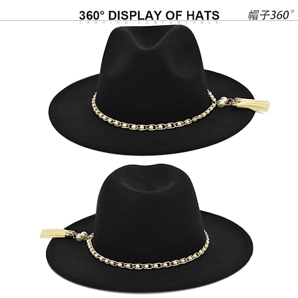 Uld Uld Britisk Jazz Hat Perle Kvast Uld Sort Top Hat Retro Stor Skygge Hat