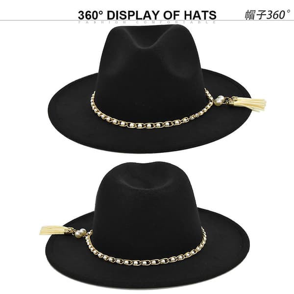 Ullull Britisk Jazzhatt Perle Dusk Ull Svart Topphatt Retro Stor Bremskjermhatt