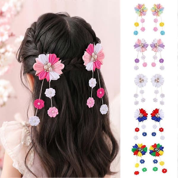 Blomsterhårspænder til børn - Søde håraccessories til piger med perler, rhinsten og lange kvaster E