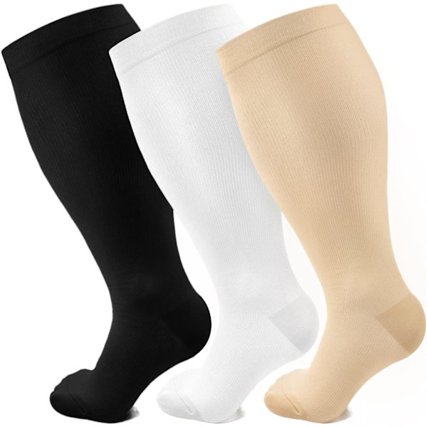 Plus Size Kompressionsstrumpor för Kvinnor Män Bred Vad 20-30 mmHg Extra Large för Cirkulationsstöd Återhämtning/3X-Large-svart/Vit/Nude (3 Pack)