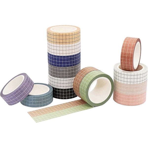 Grid Washi Tape Set, 14 Rullar med 15 mm Breda Dekorativa Färgade Maskeringstejp för Scrapbooking, DIY Dekoration och Hantverk, Bullet Journals, Planerare, Junk J
