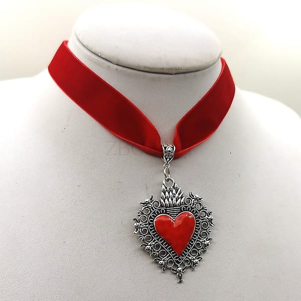 Stor Hellig Hjerte Halskæde, Flammende Hellig Hjerte, Religiøse Smykker, Kærlighed til Gud Hellig Hjerte Halskæde, Goth Hjerte Fløjl Choker