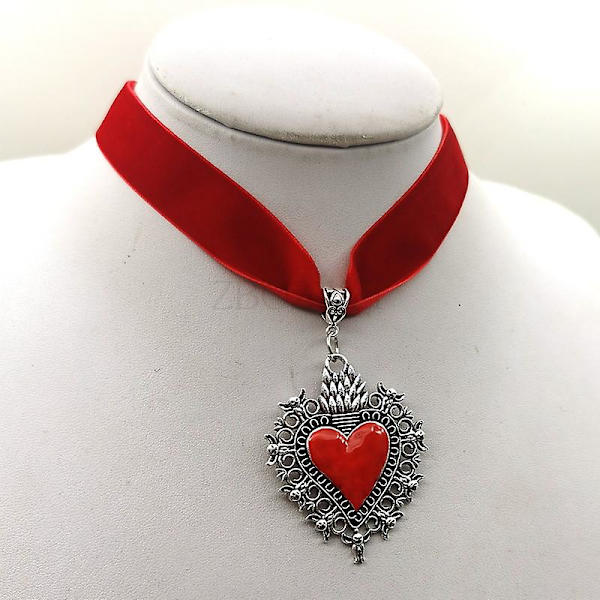 Stort hellig hjerte halskjede, flammende hellig hjerte, religiøst smykke, kjærlighet til Gud hellig hjerte halskjede, gotisk hjerte fløyel choker
