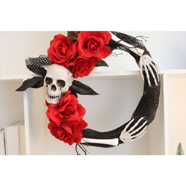 Halloween Vedhæng - Rattan Cirkel Dekoration - Sorte og Guld Roser