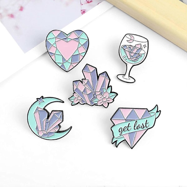 5-pack Enamel Pins med Diamantkristallkluster Måne Vinglas Brosch Pins för Flickor Barn Present Lapel Pins Tillbehör för Ryggsäckar Märken Hattar