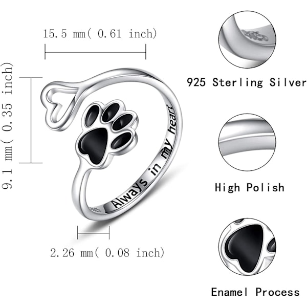 Valphundälskare Paw Print Ring Hjärta 925 Sterling Silver Justerbar Ring Husdjur Djur Smycken Kreativ Pierced Kärlek Hund Katt Klo Ring Husdjursälskande Vän