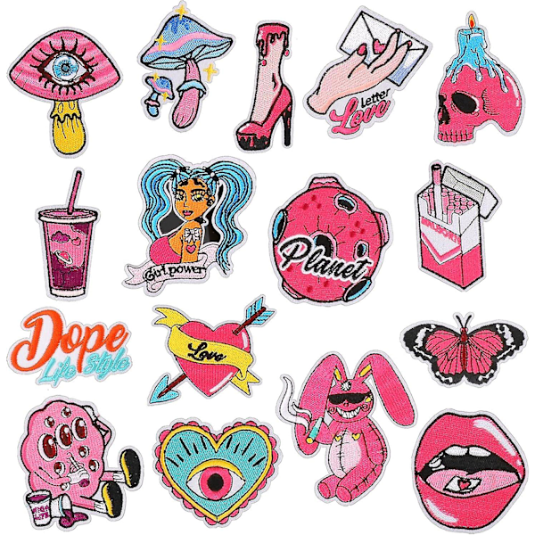 Dww-Pack of 16 Mixed Pink Embroidered Iron-on Patches, Butterfly Embroidered Stickers, Iron-on Stickers, Embroidered Appliques for Clothing, Chemistry