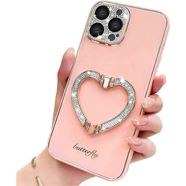 Kompatibel med iPhone 12 Pro Max Skal för Flickor Kvinna Söt Glitter Strass Plätering Skal Hjärta Vikbart Stativ Hållare Hård PC Bak Slätt TPU B