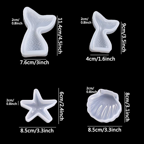 4 st Silikonsformar för Havsjungfrusvans i Resin, Marin Epoxy Silikonsform, Snäckskal Smycken DIY Gjutform, Söstjärna Form, Havstema Silikonsform