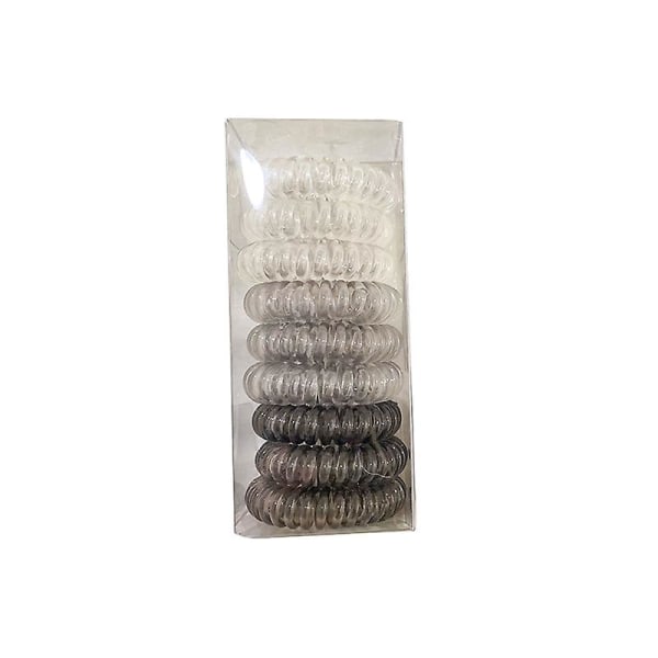 Hårslipsar med spiralform, 9 genomskinliga hårslipsar i grått plast, spiralhästsvanshållare, telefonlinjebob, set för hårtillbehör för kvinnor
