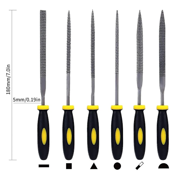 Nålefilsett, 6 deler, 5x180mm Mini karbonstålfilsett med håndtak, Flat/Trekantet/Rund/Halvrund/Firkant/Spiss Flatfiler