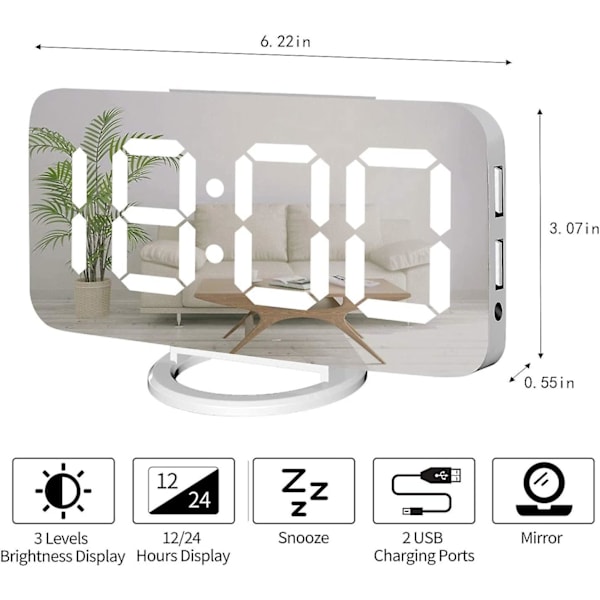 Digitalt vækkeur, stort spejl LED-ur, snooze, dæmpet nattelys 2 USB-opladerporte skrivebordsvækkeure til soveværelsesindretning (hvid)