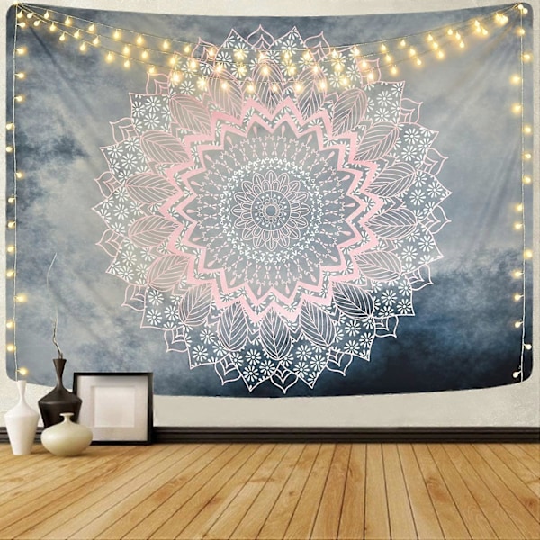 Mandala Väggbonad Grå Rosa Blommig Tapisserier Hippie Bohemisk Blomma Väggbonad för Sovrum Vardagsrum Sovsal (150 x 150 cm)