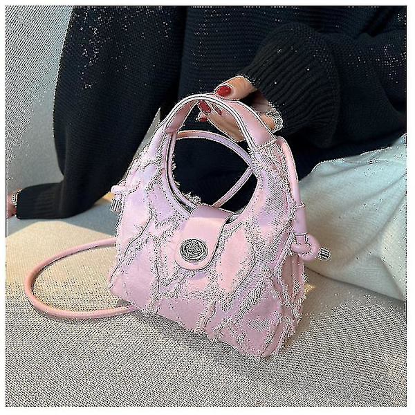 Handväska, dam denim handväska mode axelväska Argyle plånbok crossbody väska（Rosa）