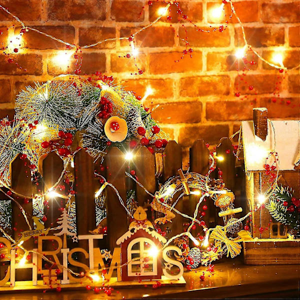 2,5 m Julgransgirlang med pärlor och LED-lampor, juldekoration för mantel, akryl-pärlor, varma LED-lampor, festlig belysning, batteridriven, inomhusgirlang