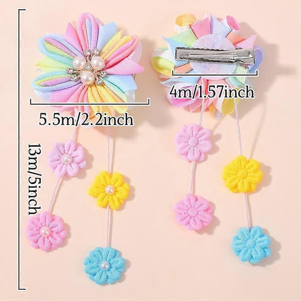 Blomsterhårspænder til børn - Søde håraccessories til piger med perler, rhinsten og lange kvaster E