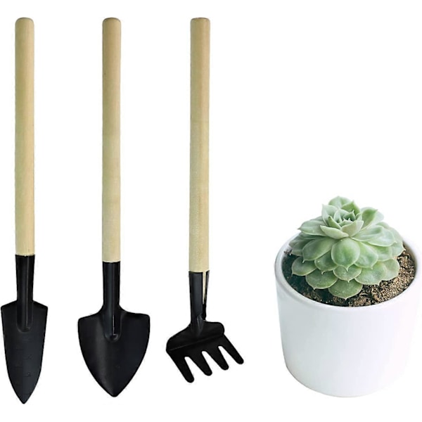 Mini Trädgårdsredskap, 3-pack Bärbara Handverktyg för Trädgård, Miniatyr Trädgårdsräfs, Skovl och Spade för Plantor, Bonsai, Suckulenter, Kryddväxter, Terrarier