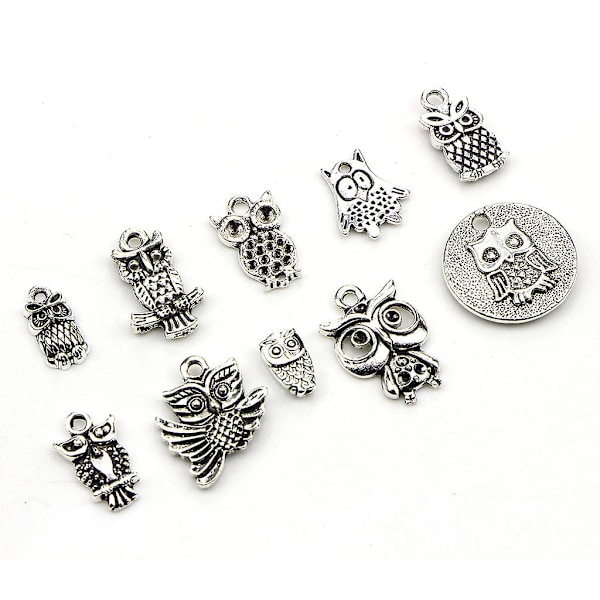 30 stk/sett Dyr Lucky Dangle anheng Antikk sølv Ugle Charms For Smykker