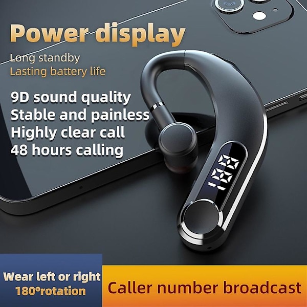 Lang standby Business Bluetooth-headset trådløs Bluetooth 5.2-øretelefon vandtæt ørekrog hovedtelefon Hifi Stereo-øretelefoner med LED-batteri display og