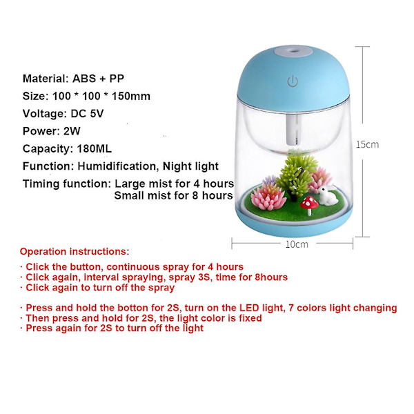 Mini bærbar tåkespreder luftfukter gjennomsiktig mikrolandskap luftfukter spray luftrenser med LED-lys (rosa) (rosa)