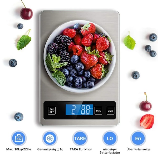 Keittiövaaka digitaalinen vaaka 10KG kotitalousvaaka, jossa suuri ruostumattomasta teräksestä valmistettu punnituspintalasi, elektroninen vaaka keittiö, 1 g tarkkuus