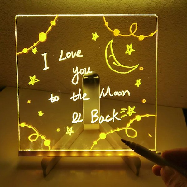 Personlig LED-lampe akryl beskedtavle sletbar USB børnetegningstavle soveværelse natlys fødselsdagsbørns gave（20x20 cm）