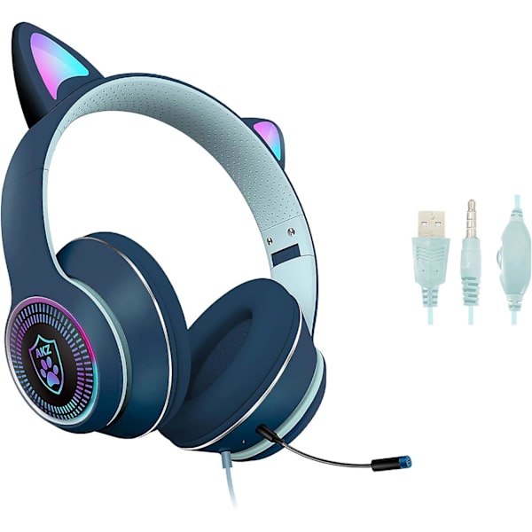 Kattöron Gaming Headset med Mikrofon Blinkande Lysande Stereo Headset-Marinblå