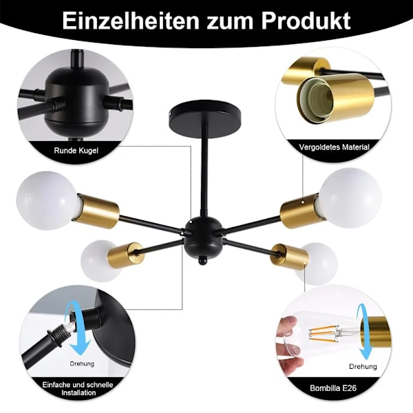 4-armet lysekrone, taklampe, ingen lyskilde, E26 lampeholder