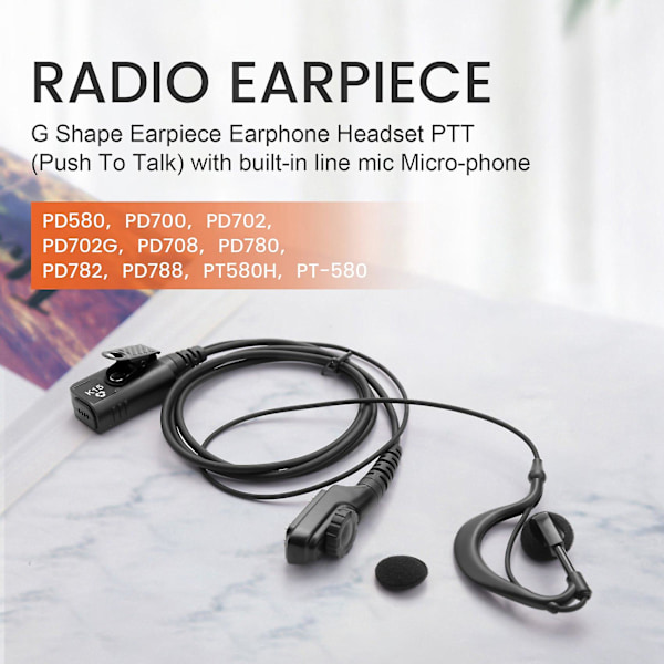 G-formet ørepropp-headset med stor PTT for radio Pd580 Pd700 Pd780 Pt580H（svart）