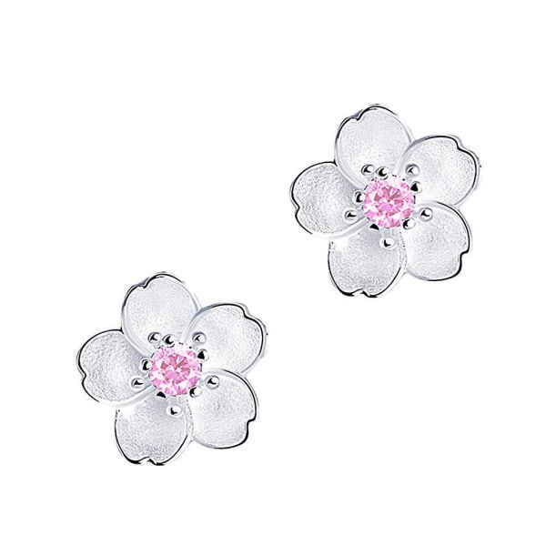 Silver Sakura öronnappar Bedårande orientaliska körsbärsdubbar Pretty Silver öronnappar (rosa diamant) (1*1cm, rosa)