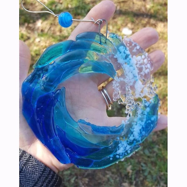Smeltet glasindretning Ocean Suncatcher Ornament Glasbølge Sun Catcher Vægophæng Gave til hjemmet（Lille）