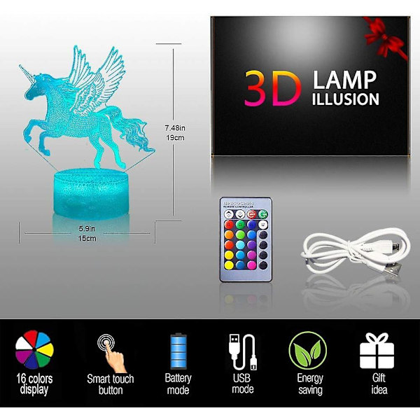 2024, 3D Unicorn Illusion Lamp 16 färger med fjärrkontroll optisk LED skrivbordslampa födelsedag jul