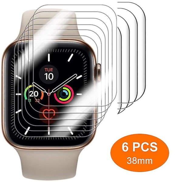 6-pack skärmskydd kompatibel med Apple Watch Series 1/2/3/4/5 (38/40 mm) klar Tpu anti-bubbla Hd-film