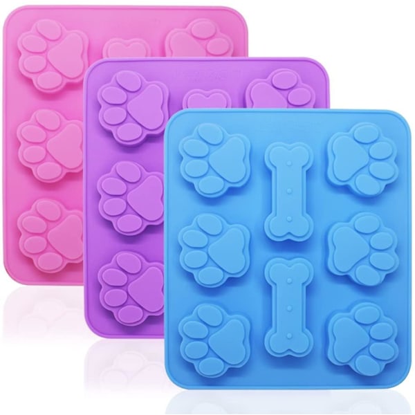 3 Pcs Silicone Molds Puppy Dog Paw & Bone Shaped 2 in 1 8-Cavity Reusable Ice Candy Trays Chocolate Cookies Baking Pans