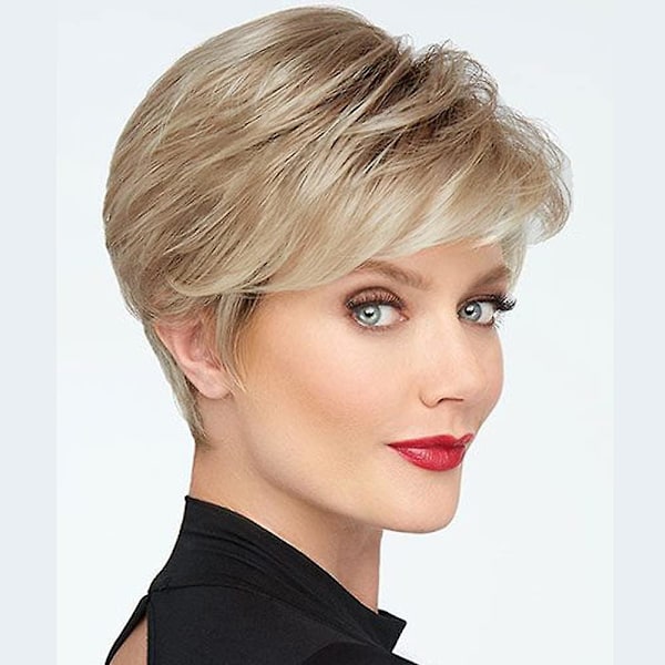 Kort blond pixie frisyr peruker för kvinnor fluffigt lager lowlight med rotsträckning