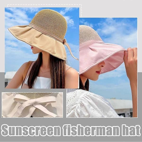 Solhat med hestehaleåbning til kvinder, bred skygge, sommer-visir, sammenfoldelig strandhat Beige