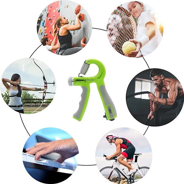 Handgreppsstärkare, handtränare, grepptränare, fingerövning, handledsstärkare, automatisk räknefunktion, grön