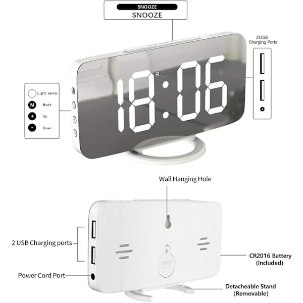 Digital väckarklocka, stor spegel LED-klocka, snooze, dim nattlampa 2 USB-laddningsportar skrivbordsväckarklockor för sovrumsdekor (vit)
