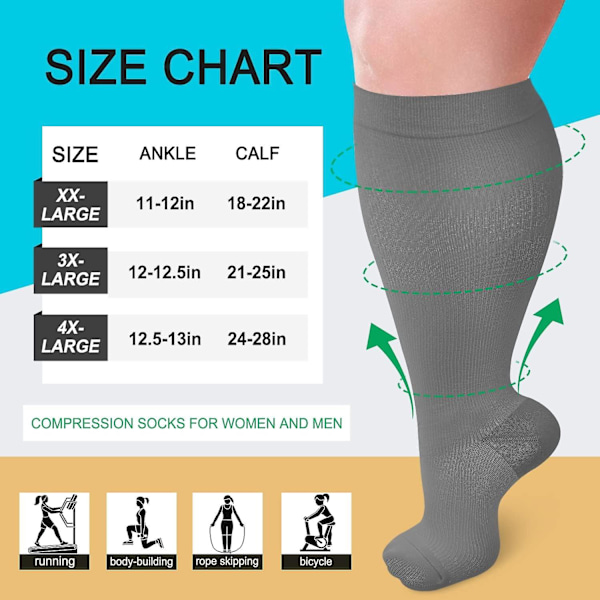 Plus-kokoisia kompressiosukkia naisille ja miehille, leveä pohje 20-30 mmHg, erittäin suuret verenkiertoa tukevat ja palauttavat / 4X-Large-musta / vaaleanharmaa / valkoinen (3 pakkausta)
