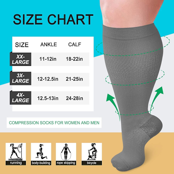 Plus Size kompresjonsstrømper for kvinner og menn med bred legg 20-30 mmHg Ekstra store for sirkulasjonsstøtte Gjenoppretting/3X-Large-svart/Lysegrå/Hvit (3-pakning)