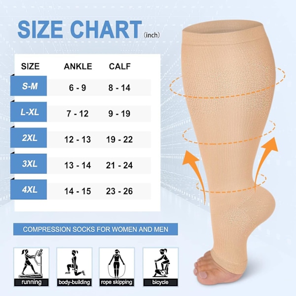 3-pack kompressionsstrumpor i koppar för kvinnor och män, 20-30 mmHg öppna tåstrumpor till knäet för cirkulationsstöd/4X-Large- Nude
