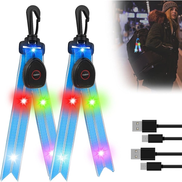 Blå 2-pack Led skolväska blixtljus reflekterande ljus med färgat ljus USB uppladdningsbart reflekterande ljus lämplig för jogging, vandring och löpning