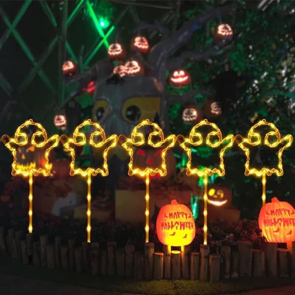 Halloween Spøgelse Solcellelygter til Udendørs Brug, 5-pak, Vandtætte Havepynt hvid XXS