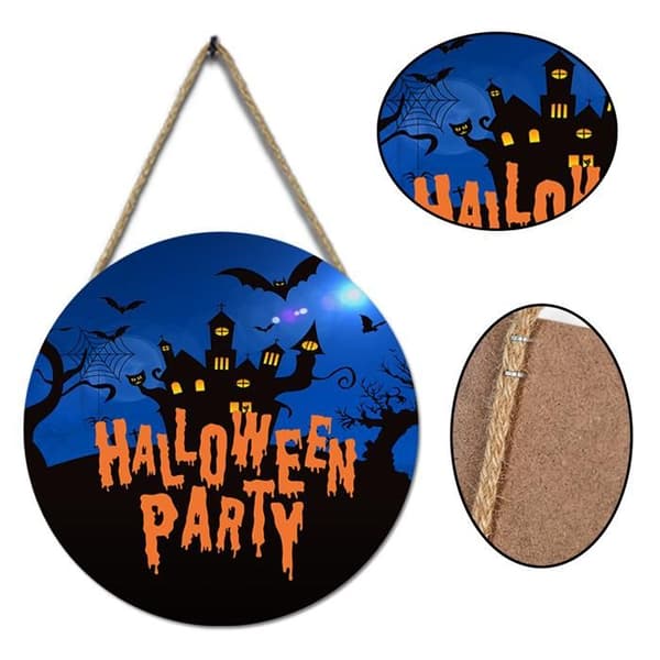 1 puinen kyltti, pyöreä, Halloween-koriste, ripustettava, sisä-/ulkokäyttöön.